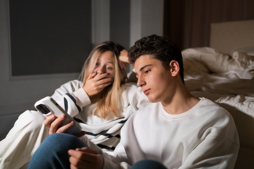 A teenager covering her mouth in shock while looking at a phone screen with her partne