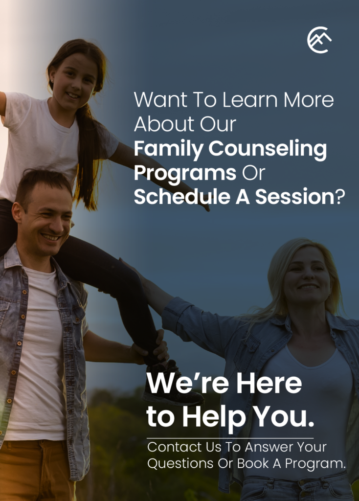 Happy family enjoying time together outdoors, with a young girl on her father's shoulders and text promoting family counseling programs and support sessions at a rehab center.