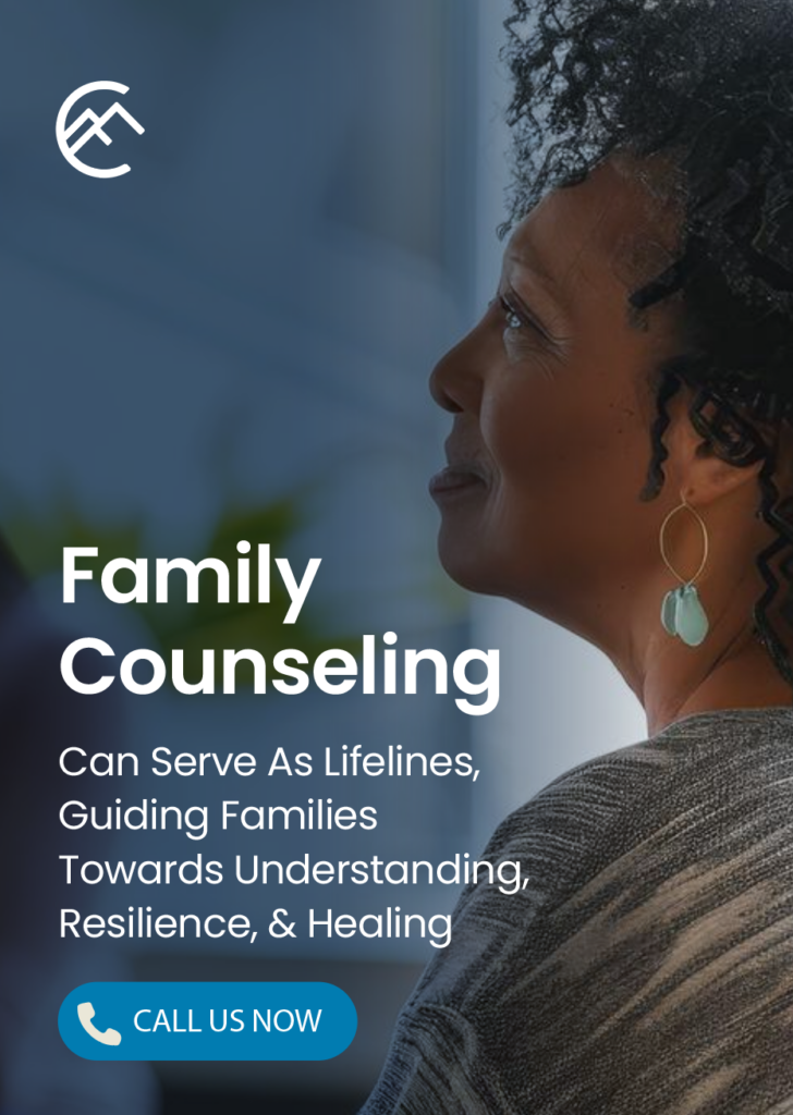 Profile of a thoughtful woman looking ahead, with promotional text highlighting the importance of family counseling in supporting understanding, resilience, and healing at a rehab center.