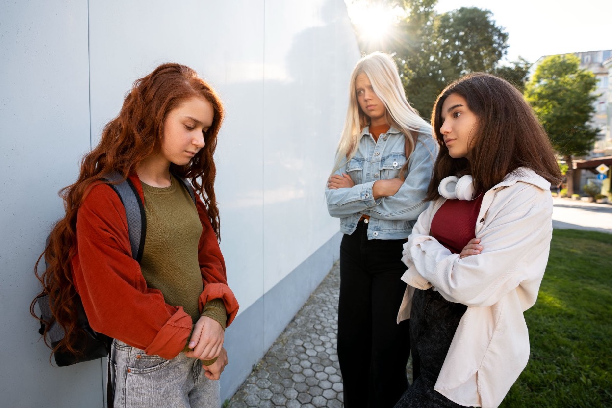 A red-haired teenage girl leaning against a wall with her head down while two other girls stand nearby with crossed arms
