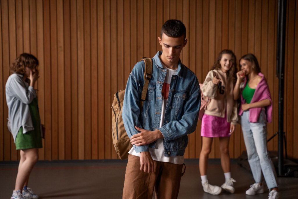 A teenage boy in a denim jacket with a backpack standing alone while classmates whisper and laugh behind him