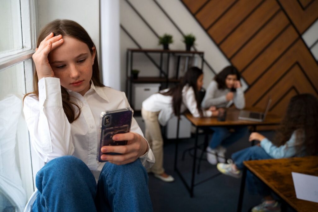 Teenage girl sitting alone by a window looking at her phone with a sad expression, while classmates talk in the background