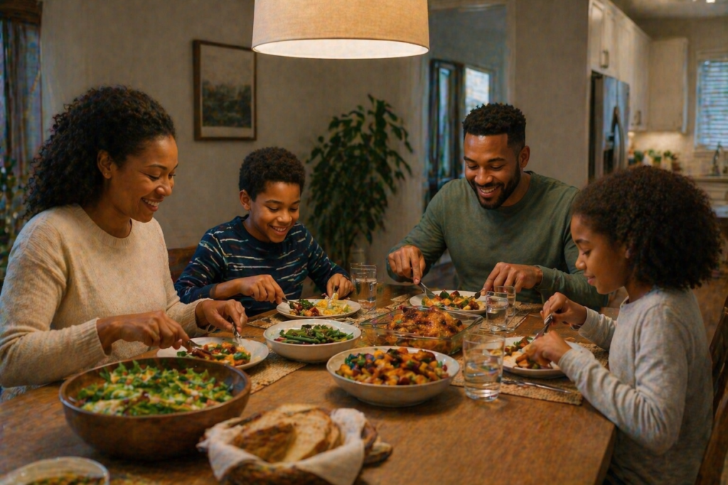 A family enjoying dinner without scrolling through their phones. 