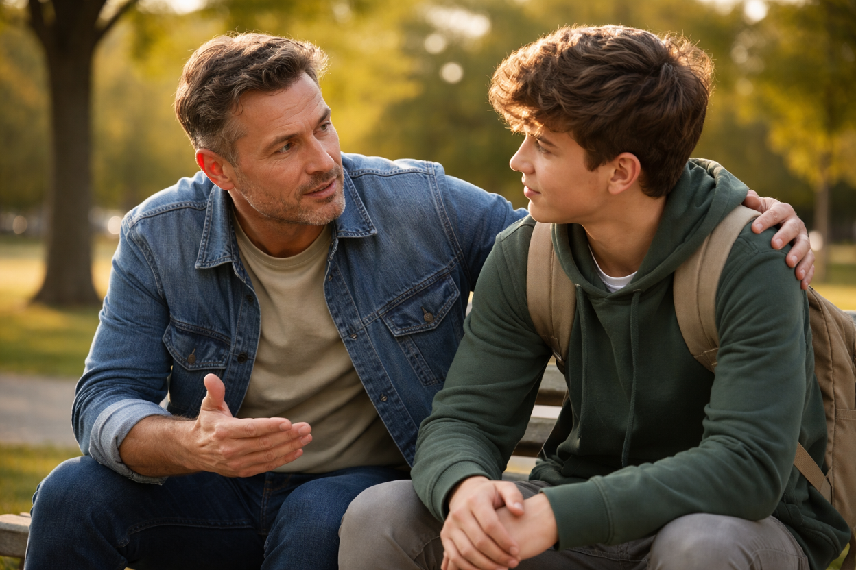 A parent talking to a teenager about staying away from alcohol