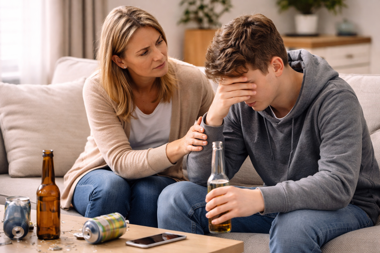 A person sitting next to a teenager, having a conversation about alcohol addiction
