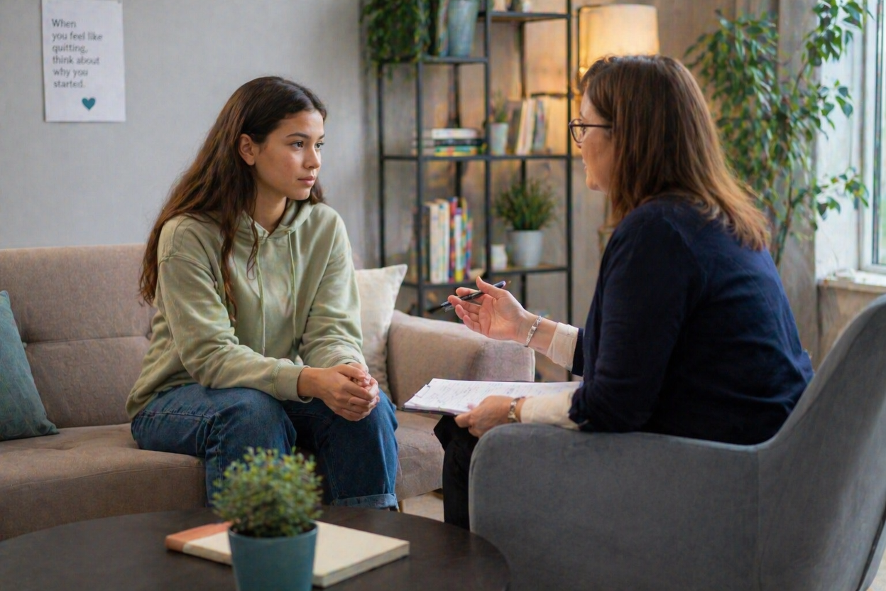 A therapist speaking with a young teen during an initial rehab consultation