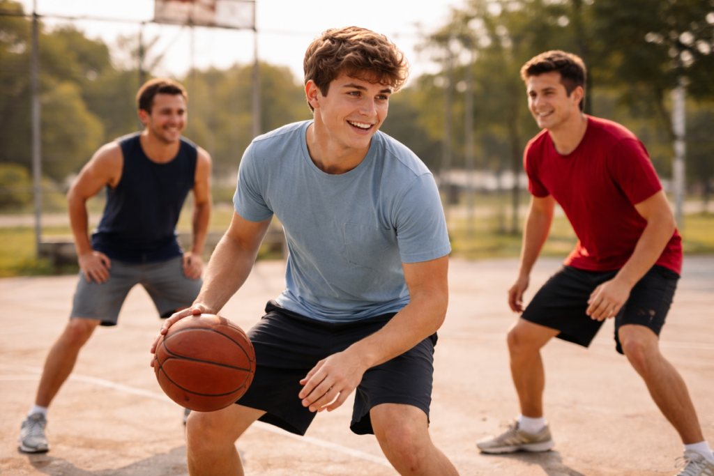 Teenagers engaging in a meaningful game of basketball. 