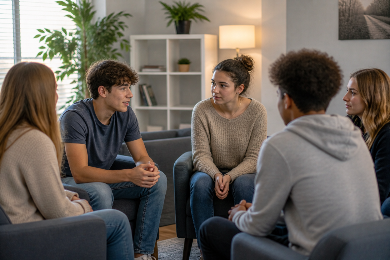 A group of teenagers discussing during a therapy session as part of a PHP program