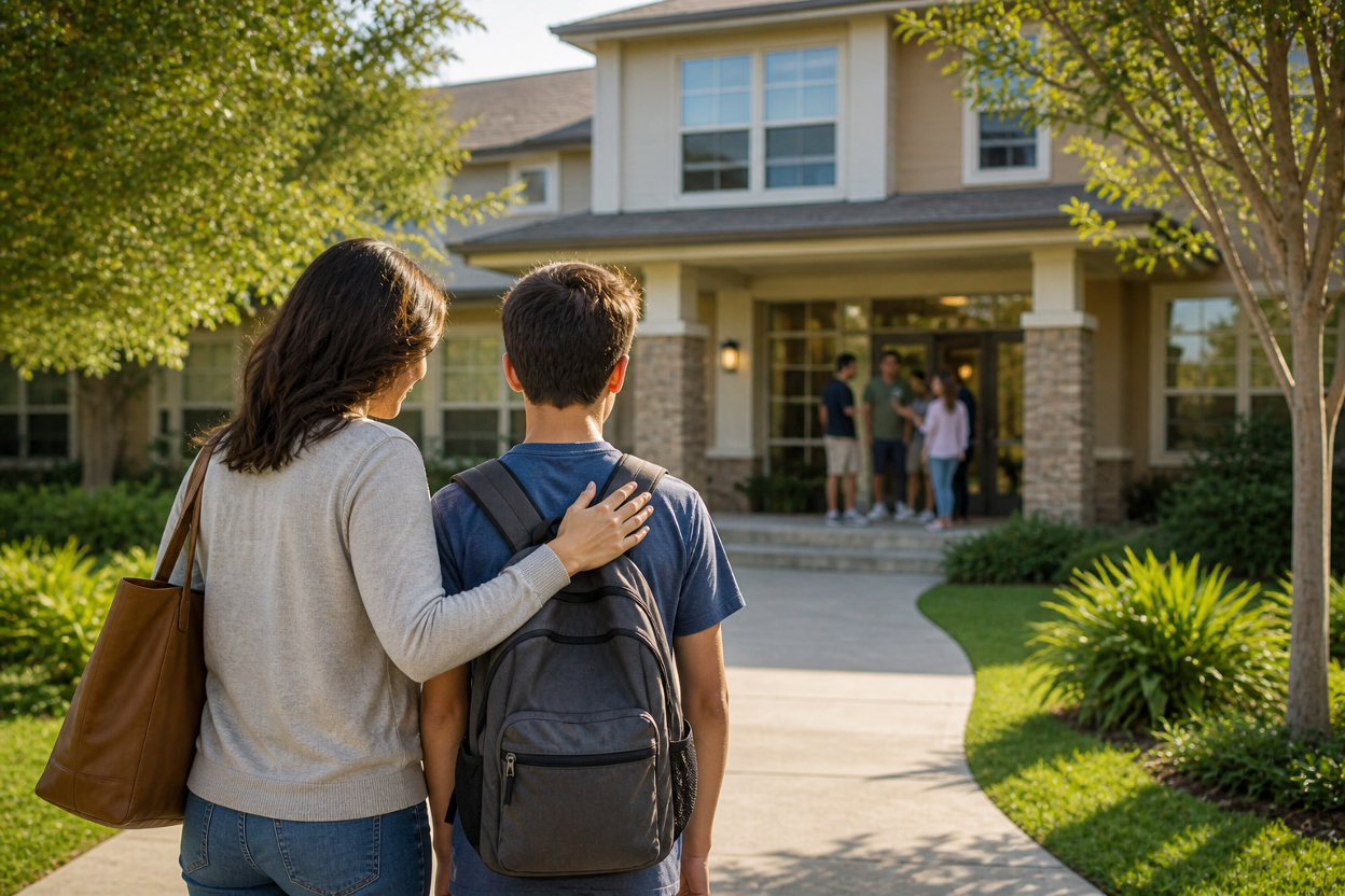 A parent walking with their child into a residential treatment center
