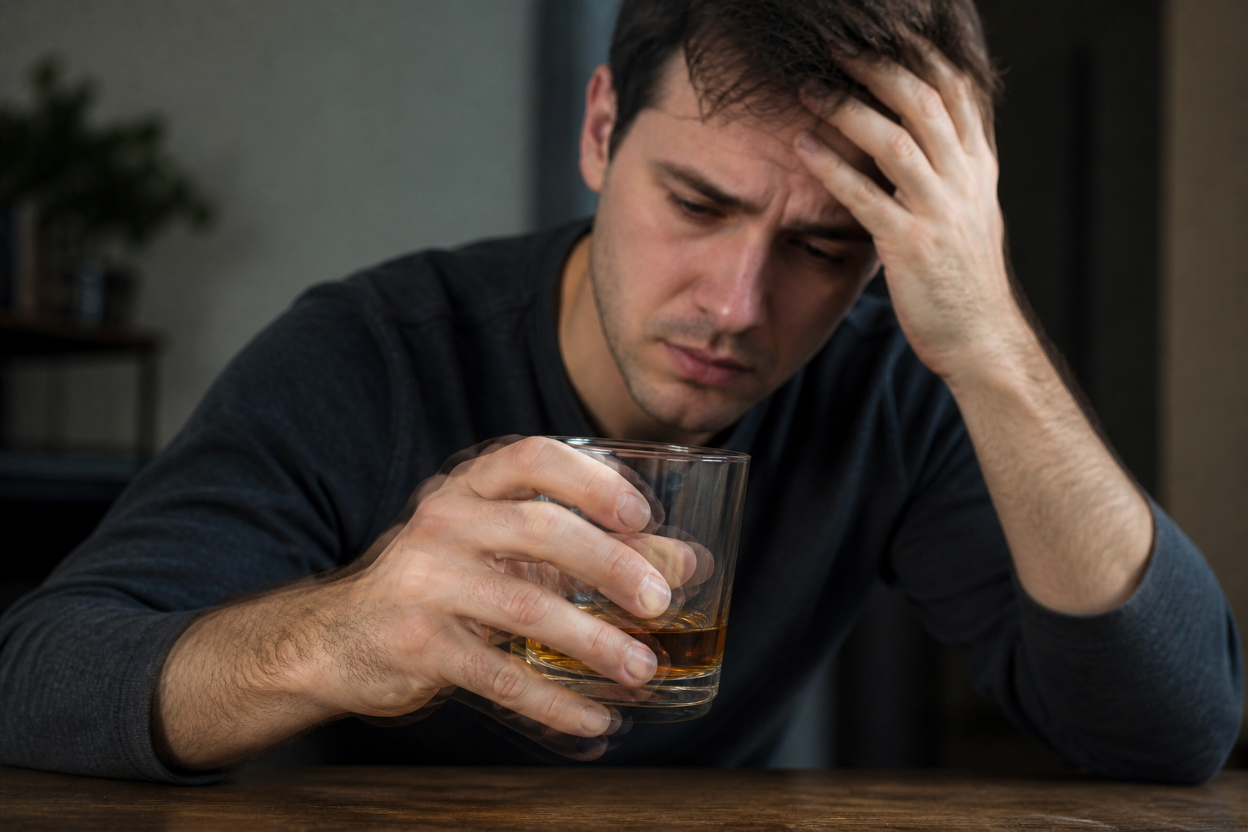 A person taking a glass of alcohol while experiencing tremors