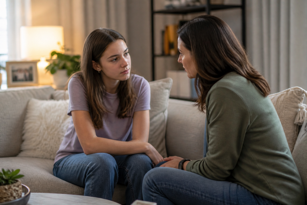 A self-harming teenager speaking to a therapist about their issues