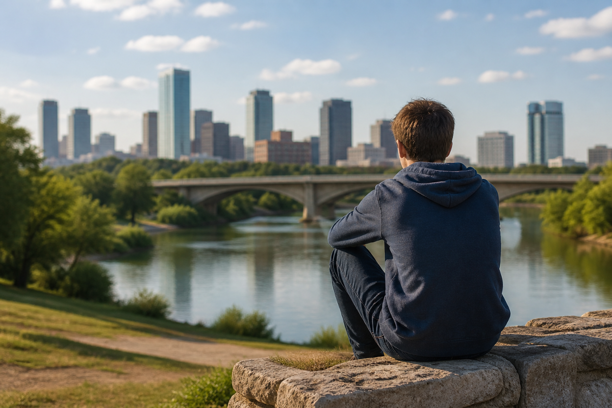 A teenager calmly reflecting on the riverbank at an IOP in Fort Worth, Texas