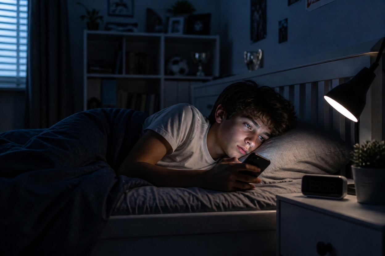 A teenager using their phone while lying in bed, suffering from insomnia