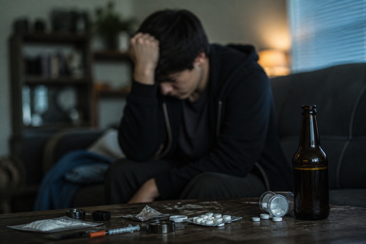 A troubled teenager under the influence of drugs and alcohol, showing that they need rehab