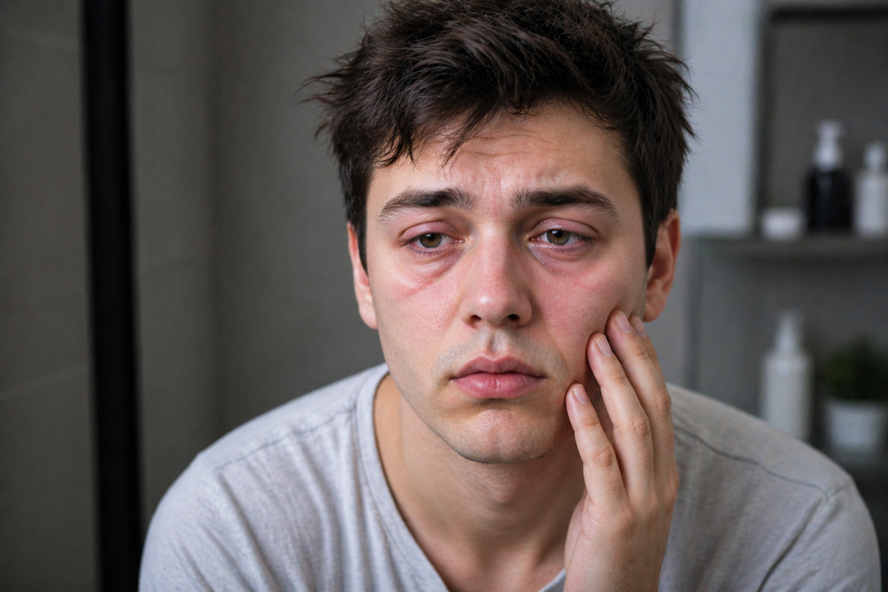A young person suffering from facial bloating due to too much alcohol consumption