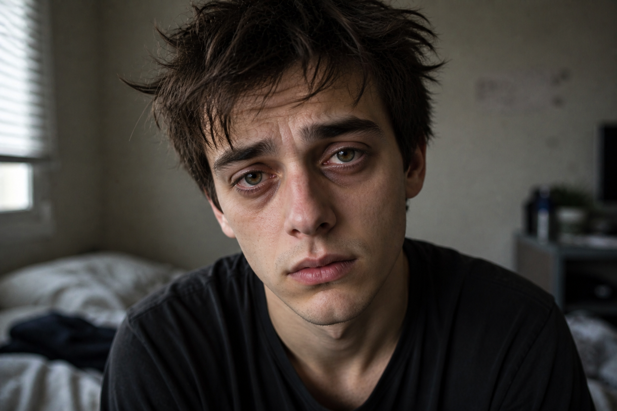 A young person with sunken eyes and a disheveled appearance from drug use
