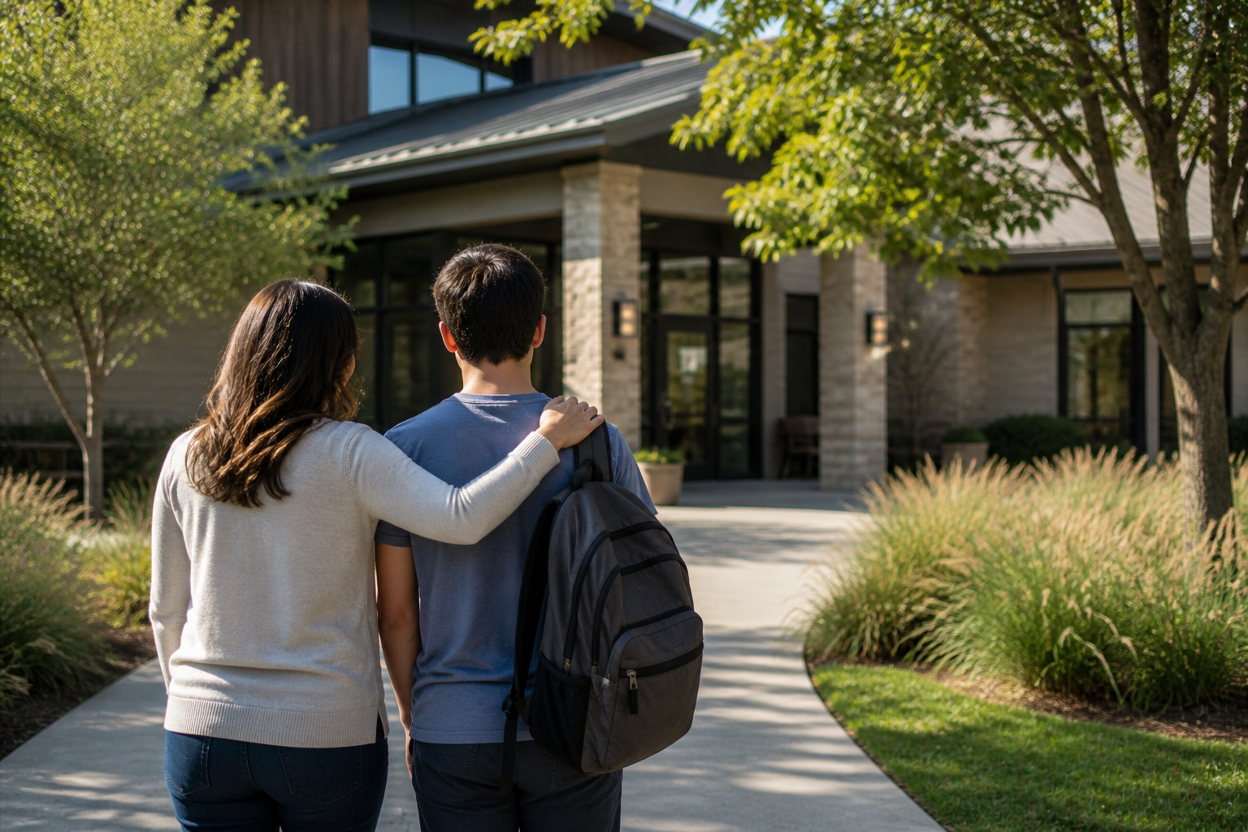 Parent and teen arriving at a Texas drug rehab center to begin treatment