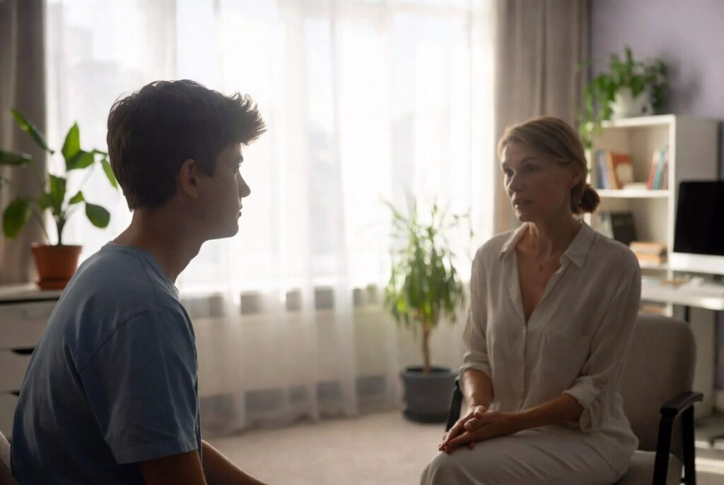 A teenage boy sitting with a therapist in a bright clinical office, engaged in a focused one-on-one conversation during a counseling session.