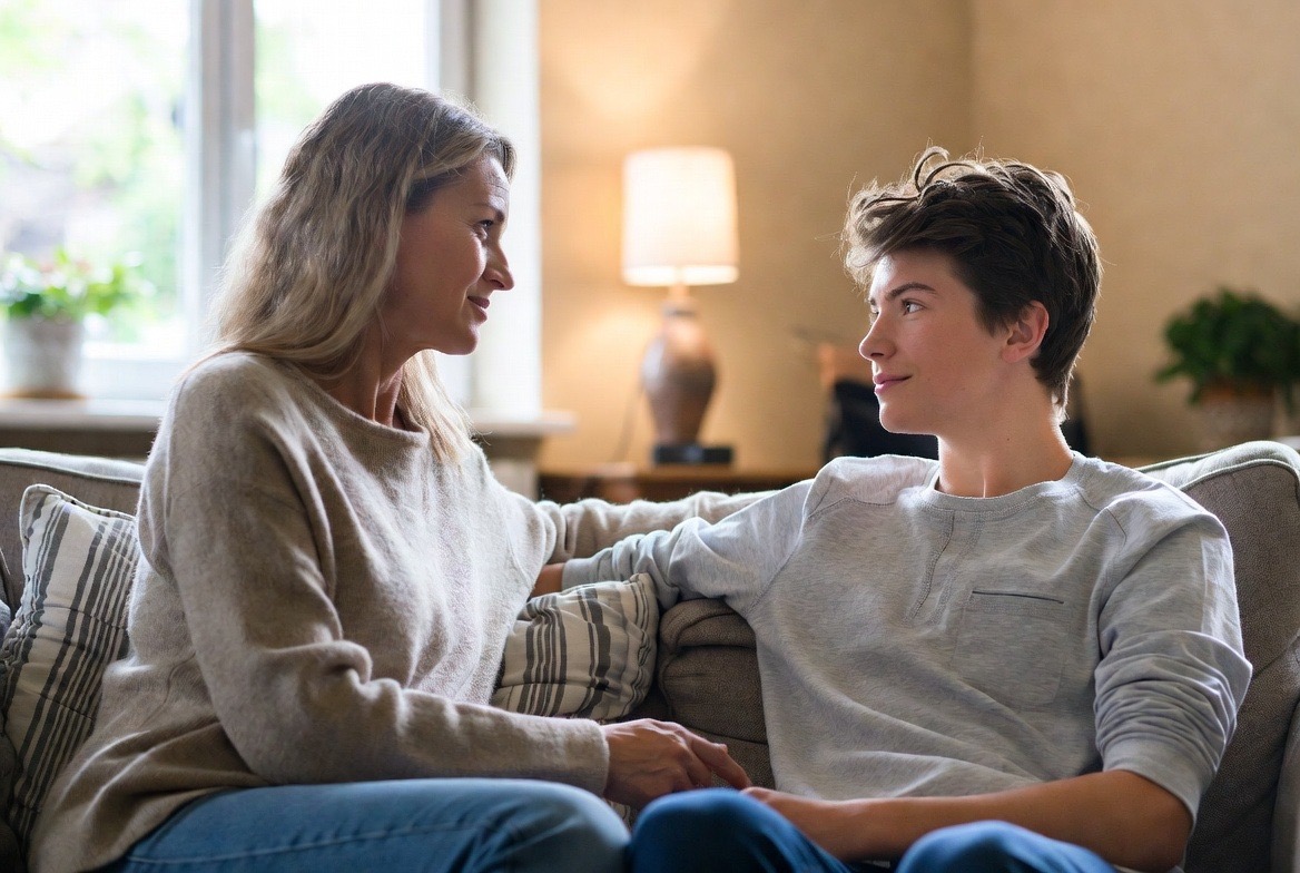 Parent and teenager sitting together on a living room couch, having a calm, supportive conversation