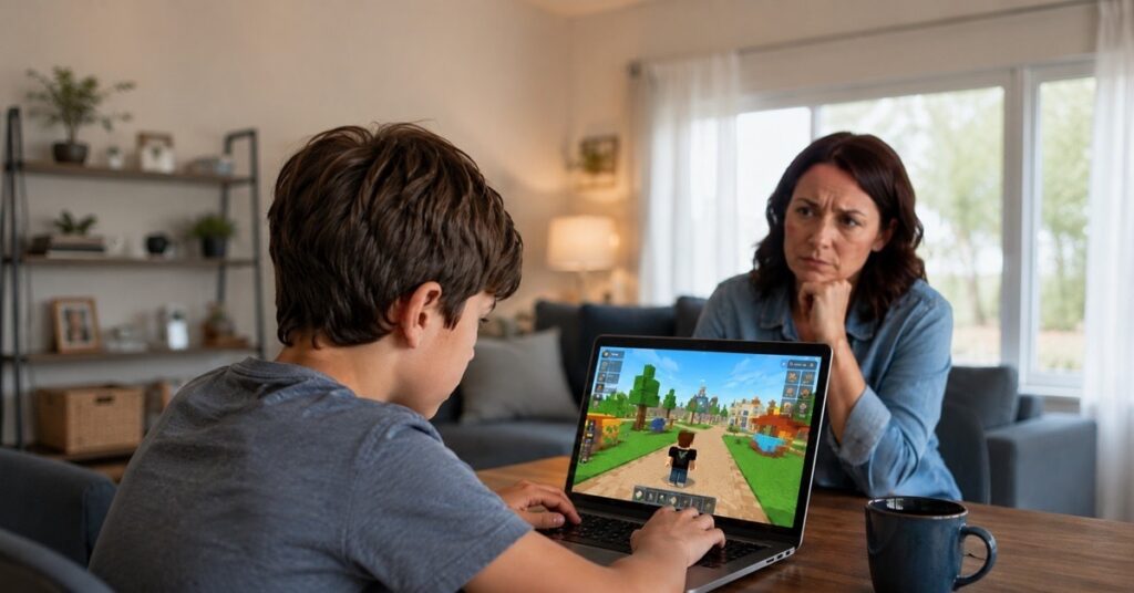 A concerned parent watching their child play Roblox on a laptop at home