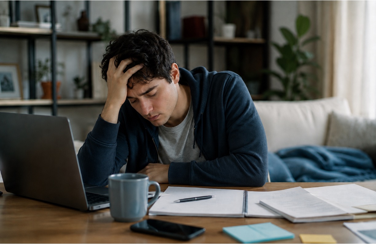 A teen looking emotionally spent and physically uncomfortable while experiencing a Vyvanse crash