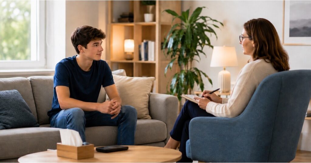 A teenage boy in an individual therapy session with a clinician
