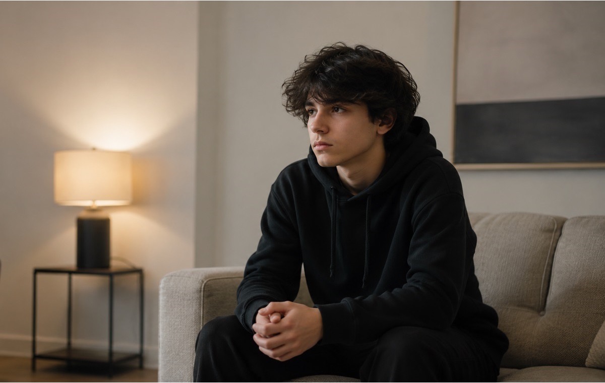 A teenage boy sitting alone, showing signs of emotional withdrawal