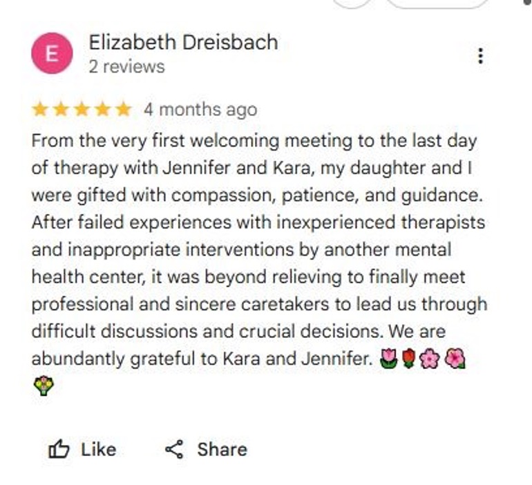 Screenshot of a parent review praising Clearfork Academy therapists for compassionate, professional care