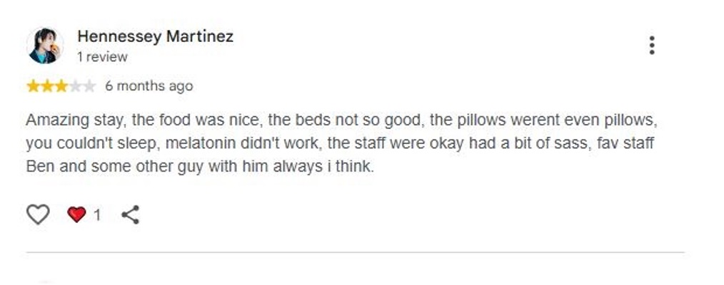 Screenshot of a three-star Google review for Carrus Behavioral Health from a reviewer named Hennessey Martinez.