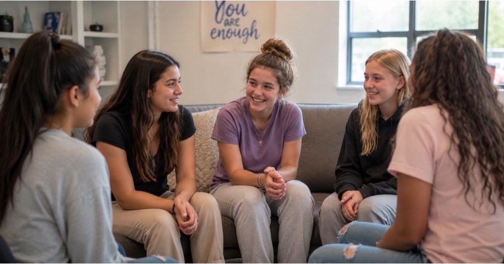 Group of teen girls talking together on a couch during teen girls rehab