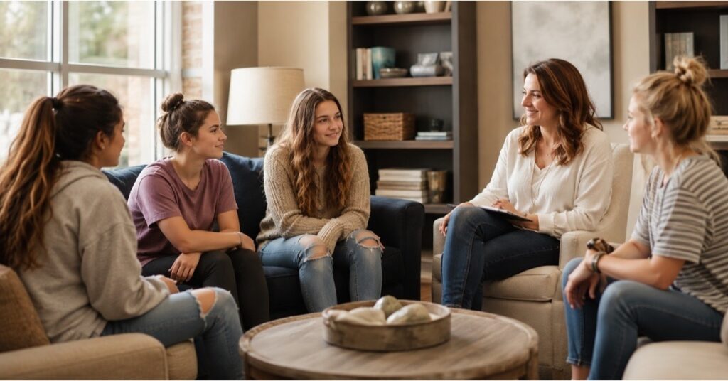 Group therapy session for teen girls, one of the core treatment formats in adolescent rehab