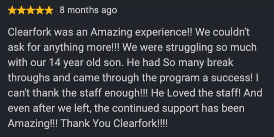 Review of a parent stating how Clearfork Academy helped their son