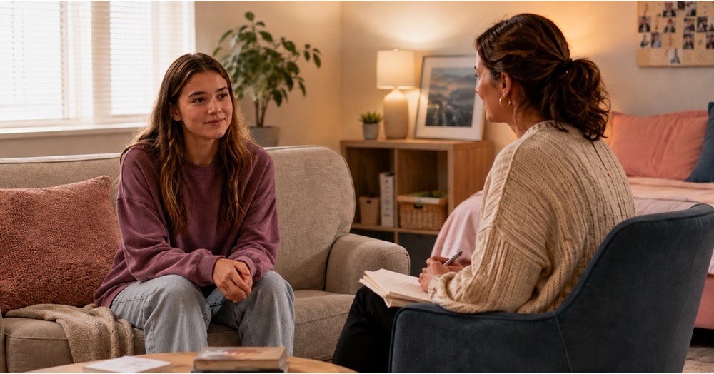 Teen girl in an individual therapy session with a female counselor