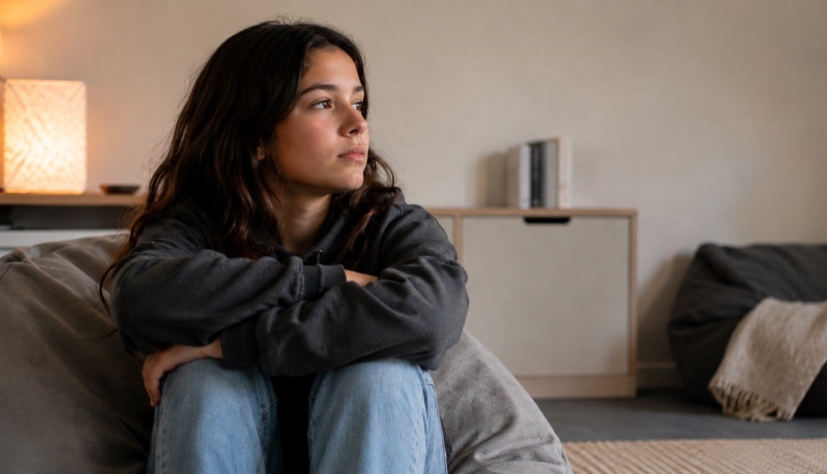 Teen girl sitting quietly with her arms around her knees in a softly lit room
