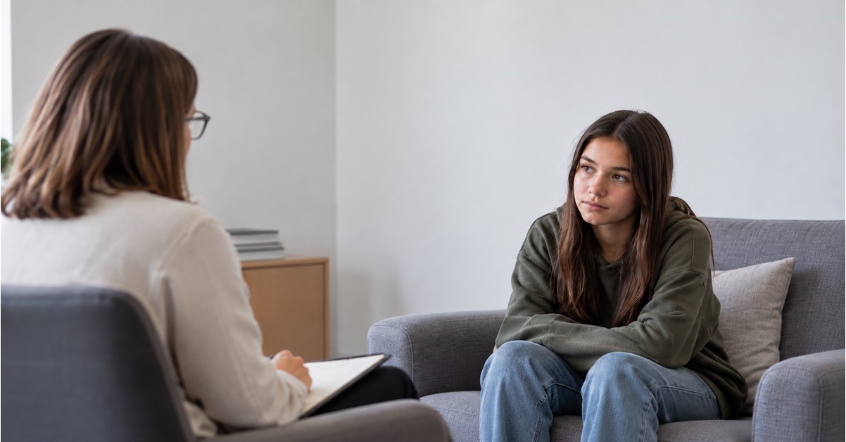 Teen girl listening closely to a therapist during a counseling session at a teen IOP program near Grapevine, TX