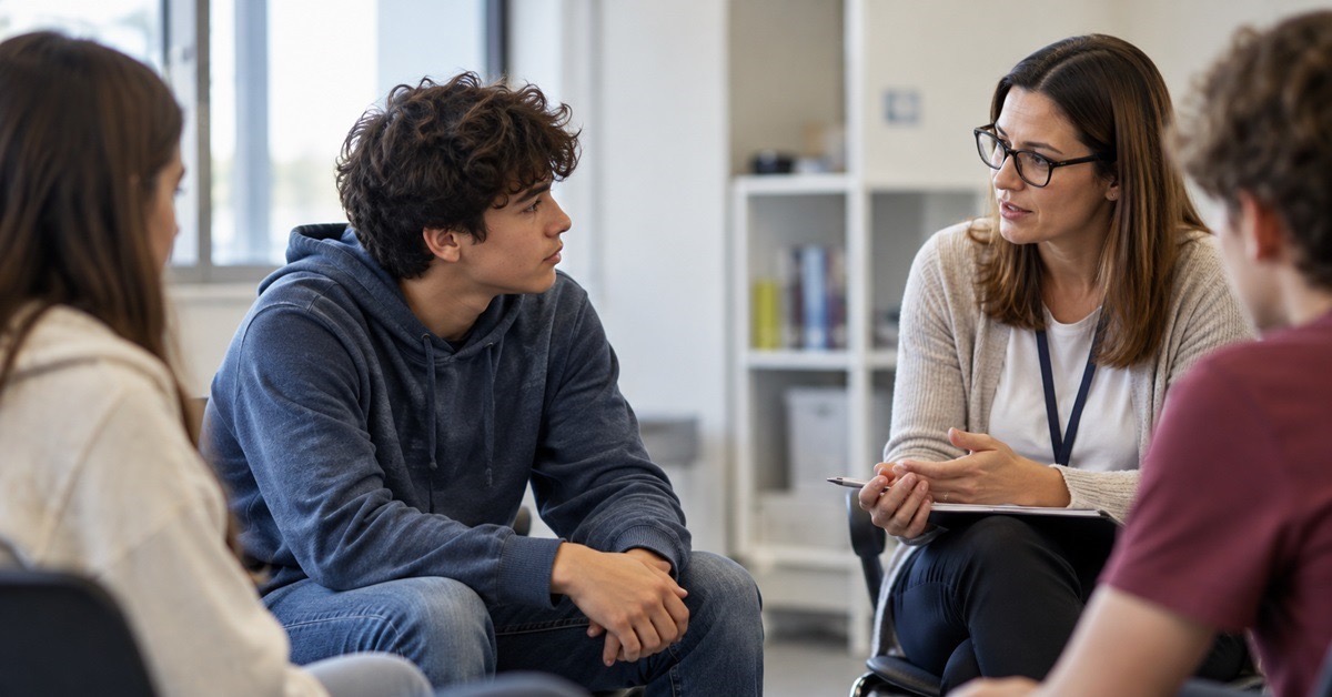 Teen participating in a group session at an outpatient rehab program