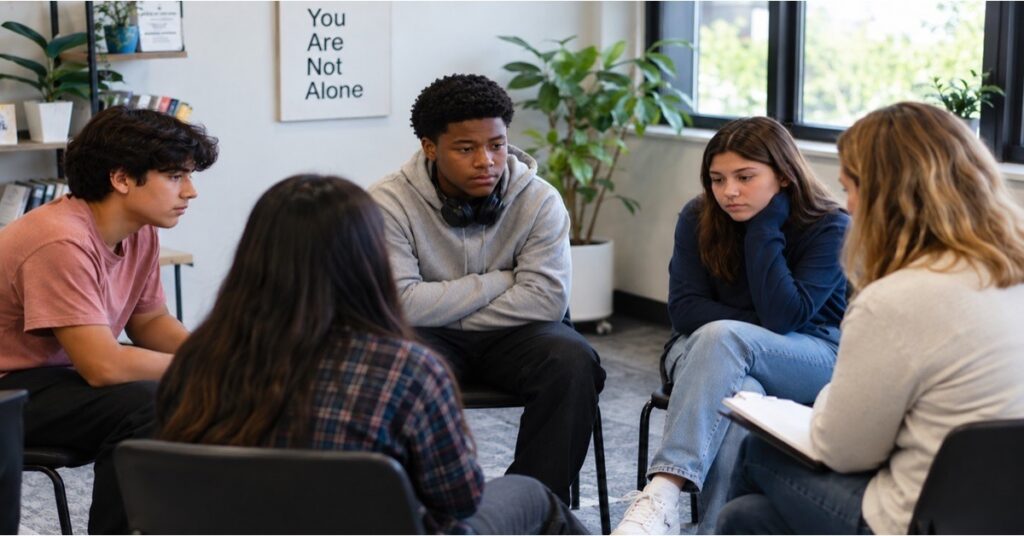 Teens listening closely during a therapist-led group session, showing how peer connection supports teen drug rehab in Garland